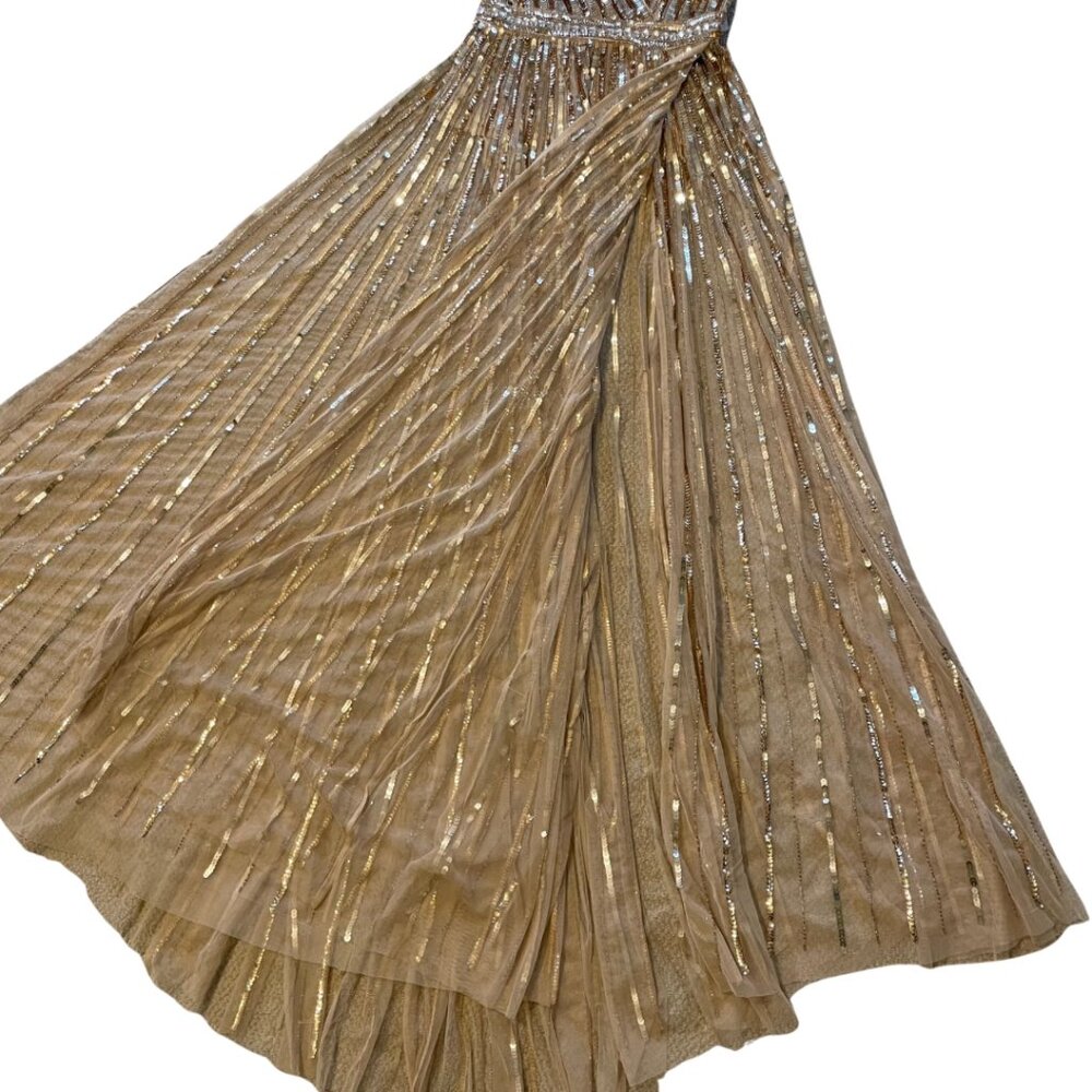 Mac Duggal Wrap Front Beaded Maxi Dress Full Length Gown Gold Sequins Women's 2 - Picture 10 of 16